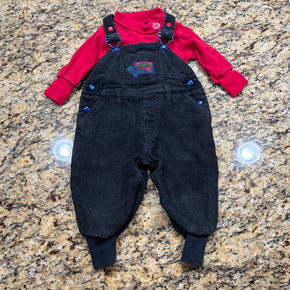 Vintage Gymboree Newborn Infant Corduroy Overalls and Red Mock Neck Set Train v